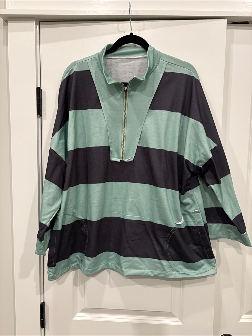 Striped V-Neck Half-Zip Sweater in Mint and Black